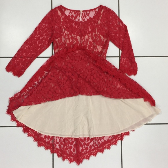 Free People Red Lace Floral Overlay Dress - Picture 5 of 7